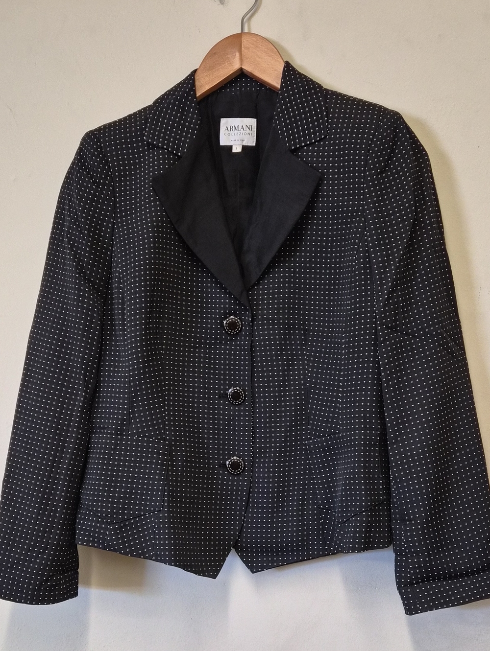 Armani Collezioni Black Blazer with White Micro-Dot Pattern Size 6